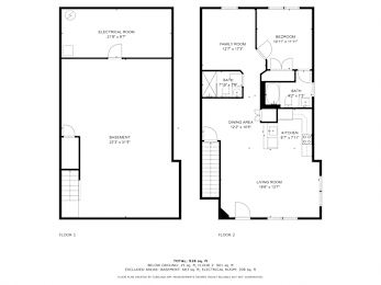 A floor plan of a two-story house with a basement.