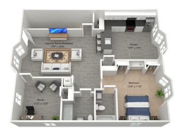 A 3D rendered image of a house layout with a kitchen, living room, study, and bedroom.
