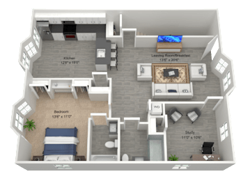 A 3D rendered image of a house layout with labeled rooms.