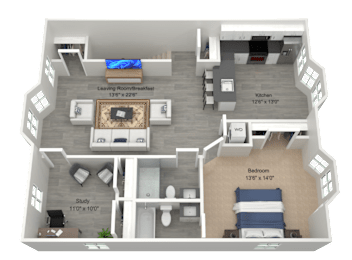 A 3D floor plan of a small apartment with a living room, kitchen, study, and bedroom.
