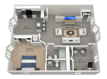 A 3D floor plan of a house showing a kitchen, dining area, study, and bedrooms.