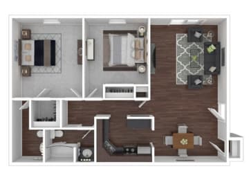two bedrooms one and a half bathrooms 950 square feet floor plans at Station JTown, Louisville, KY