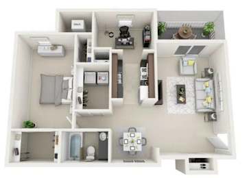 A top-down view of a small apartment with a kitchen, living room, and bedroom.
