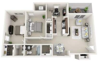 A top-down view of a small apartment layout with labeled rooms.