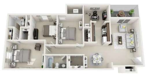 A top-down view of a house layout with a kitchen, living room, and bathroom.