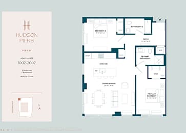 A floor plan for Hudson Piers apartments shows two bedrooms and two bathrooms per apartment.