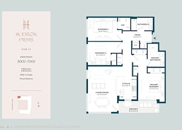 A floor plan and description of apartment number 3002 at Hudson Piers.