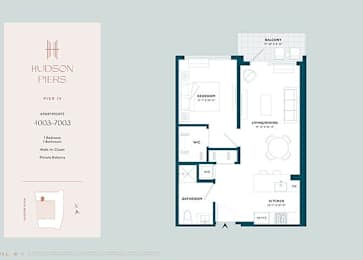 A floor plan for a Hudson Piers apartment shows a living room, dining room, kitchen, and two bathrooms.