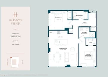 A floor plan for a Hudson Piers apartment shows two bedrooms, a living room, a kitchen, and a bathroom.