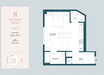 A floor plan for a Hudson Piers apartment shows a living area, a bedroom, a bathroom, and a foyer.
