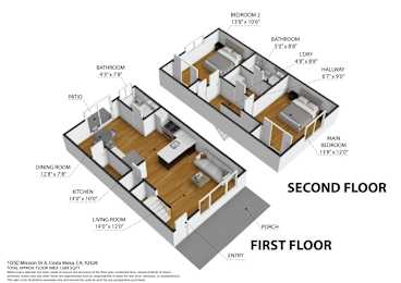 A diagram of a two-story home with labeled rooms and dimensions.