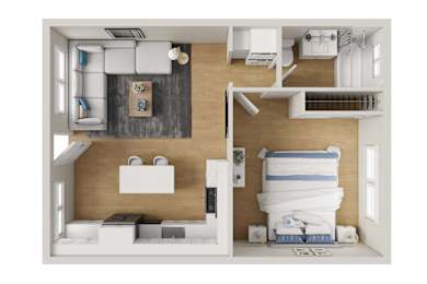 A top-down view of a modern bedroom with a bed, nightstand, and a couch.