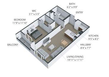 1 Bedroom 1 Bath Floor Plan at The Reserve La Mirada, La Mirada, California