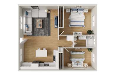 A dollhouse with a bedroom and living room.