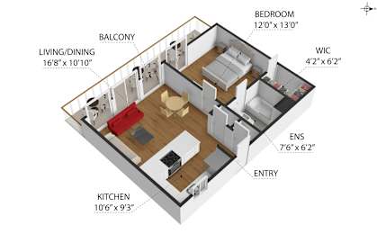 A diagram of a small apartment layout with a kitchen, living room, balcony, and bathroom.