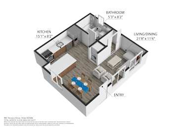 A 3D floor plan of a small apartment with a kitchen, living room, and bathroom.