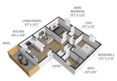 A 3D floor plan of a house showing the layout of the rooms.