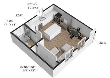 A 3D diagram of a small apartment layout with a kitchen, bathroom, and living/dining area.