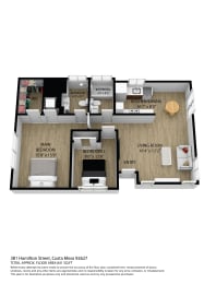2 Bed 2 Bath Floor Plan at Hamilton Courtyard Apartments, Costa Mesa, California