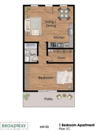 a floor plan of 1 bedroom apartment with 1 bathroom