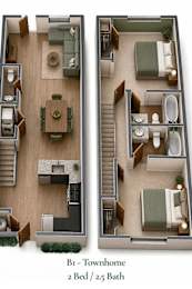 A floor plan of a two bedroom townhome with two bathrooms.