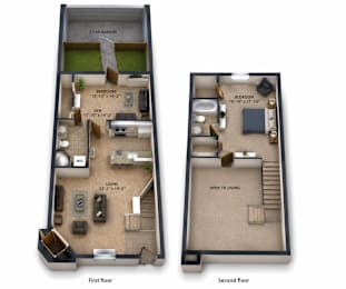 A diagram shows the layout of a two-story apartment with two bedrooms, a living room, a den, a kitchen, and a garage.