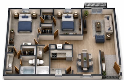A top-down view of a house layout with two bedrooms, two bathrooms, a living room, a dining room, a kitchen, and a garage.