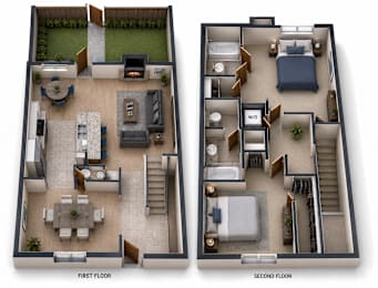 A diagram of a two-story house with labeled first and second floors.