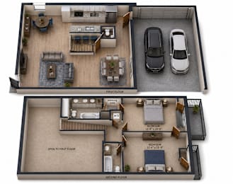 A floor plan of a two-story home with a garage.