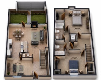 A floor plan of a two-story house with a fireplace, dining area, and bedrooms.