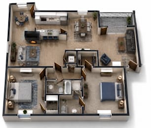 A top-down view of a house layout with a living room, kitchen, dining area, and multiple bedrooms.