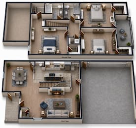 A top-down view of a two-story house layout with labeled first and second floors.