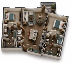A 3D rendered image of a house layout with two bedrooms, a living room, a bathroom, a kitchen, and a balcony.