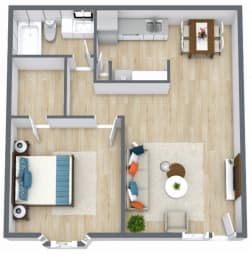 a stylized 1 bedroom floor plan with a living room and a dining room