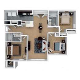 A floor plan of a house with a kitchen, living room, dining room, and two bedrooms.