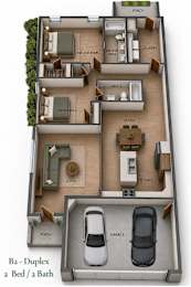 A floor plan of a B2 Duplex apartment with two bedrooms and two bathrooms.