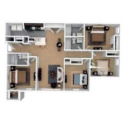 A top-down view of a small apartment layout with a kitchen, living room, and bedroom.
