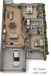 A floor plan of a B3 Duplex apartment with two bedrooms and two bathrooms.