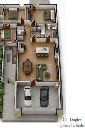 A floor plan of a Cri-Duplex with 3 beds and 2 baths.