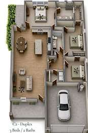 A floor plan of a C2 Duplex apartment with 3 bedrooms and 2 bathrooms.