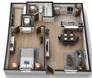 A top-down view of a living room, kitchen, and dining area in a house.