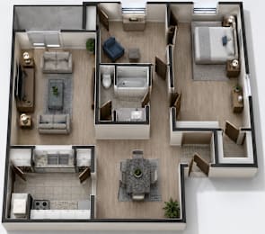 A top-down view of a modern apartment layout with a living room, kitchen, dining area, and bedrooms.