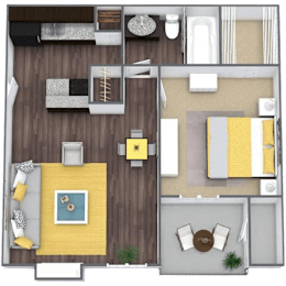 A top-down view of a living room with a yellow sofa and a coffee table.
