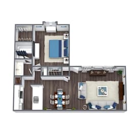 A top-down view of a house layout with a living room, dining area, kitchen, and bedrooms.