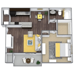 A floor plan of a small apartment with a kitchen, living room, and bedroom.
