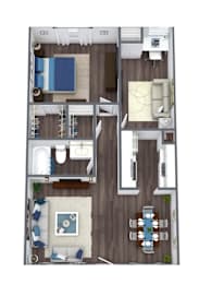 A top-down view of a room with a bed, a couch, a table, and a TV.