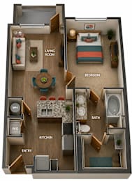 A floor plan of a small apartment with a living room, bedroom, kitchen, bathroom, and entry.