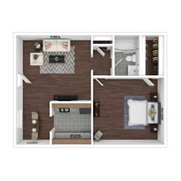 One bedroom apartment 3D floor plan design at Northwood Heights Apartments, Texas