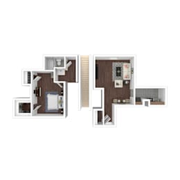 Two level apartment 3D floor plan with bedroom at Northwood Heights Apartments, Texas, 75248