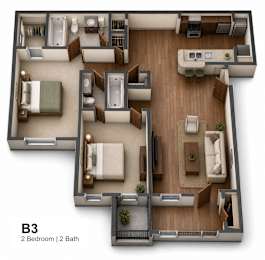 Two bed two bathroom 3D floorplan with balcony at The Meadows Apartments, Garland